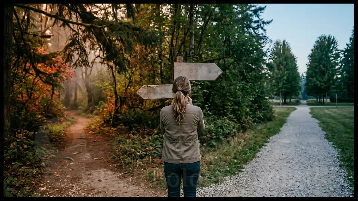 Person standing at a forked path, symbolizing the choice between automatic emotional reactions and more reflective responses.