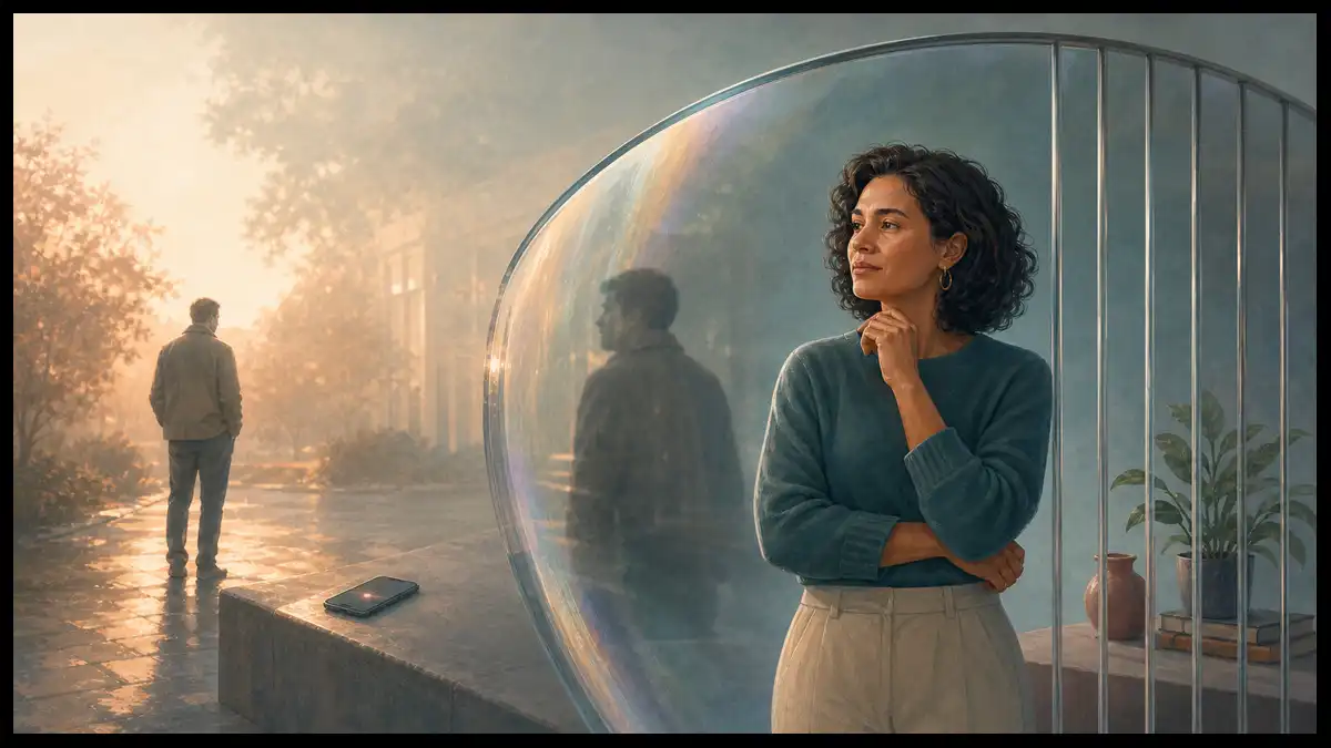 A person stands behind a translucent shield that refracts ambiguous social signals, while one edge subtly becomes restrictive bars.