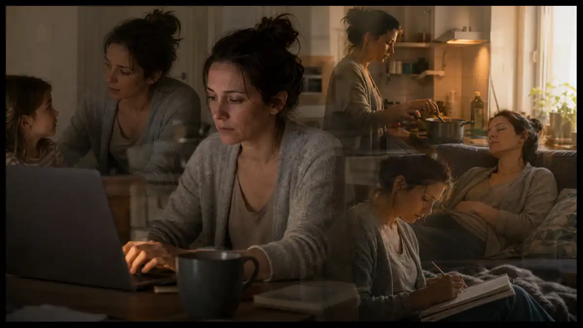 The same woman shown in overlapping moments working, caring for a child, preparing food, resting, and writing.