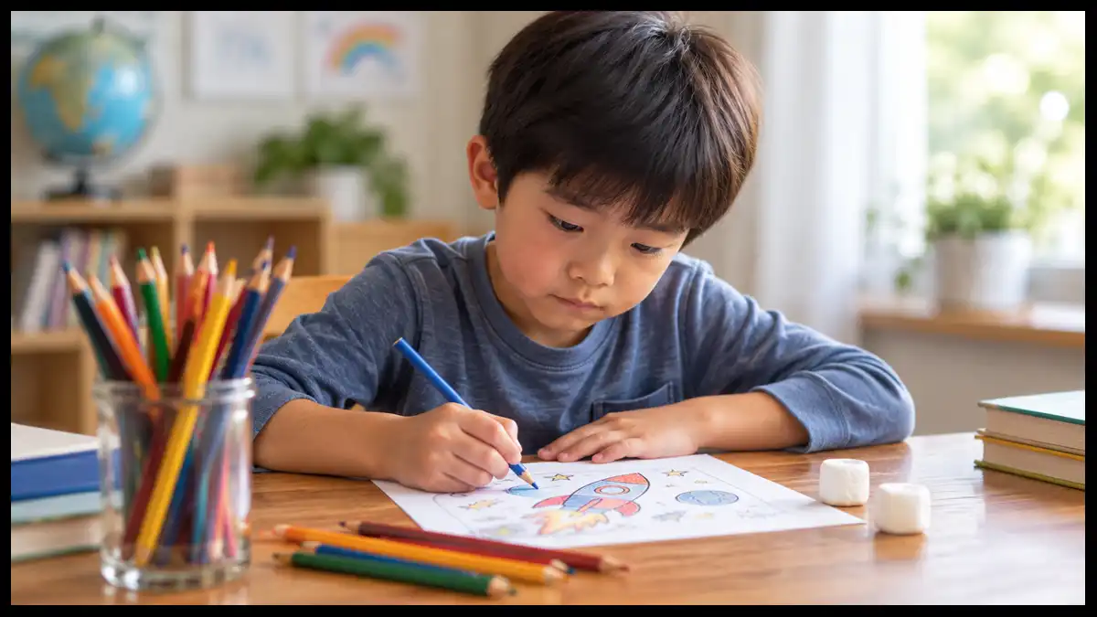 A child concentrates on drawing at a desk while two marshmallows sit nearby, illustrating future-oriented thinking and delayed gratification.