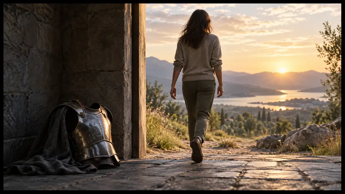 A person leaves a suit of armor behind and walks toward a sunlit landscape.