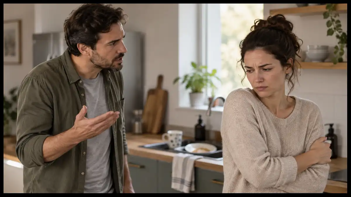 Two partners pause during a tense kitchen disagreement as one speaks sharply and the other turns away looking hurt.