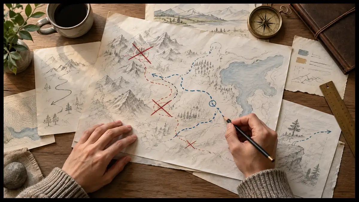 Hands revising a route across several maps after earlier paths proved unworkable.