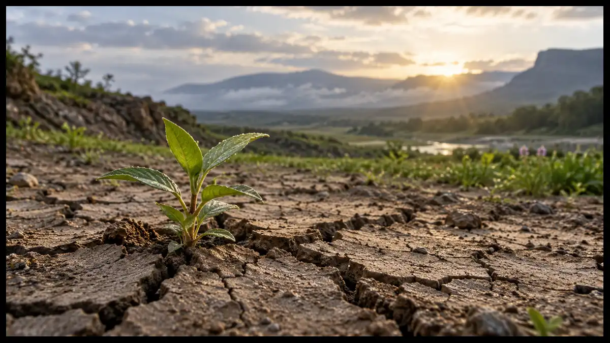 A young green plant emerging from cracked earth as morning light reaches the surrounding landscape.