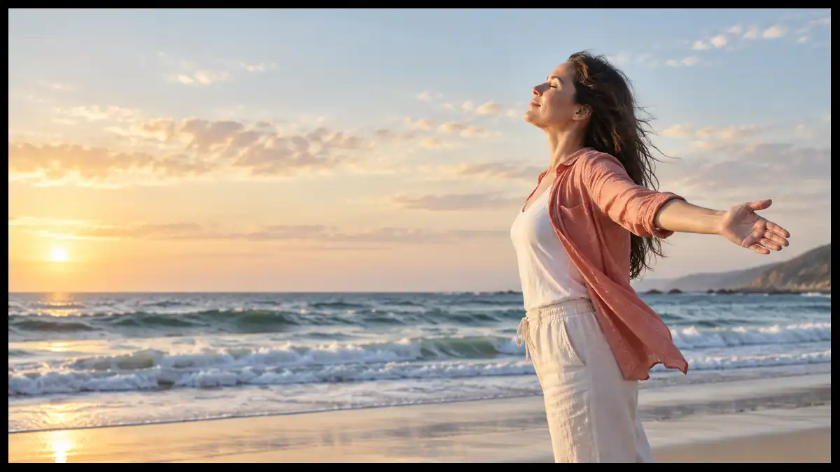 A woman stands at the ocean’s edge at sunrise with an arm extended, taking in the sea air.