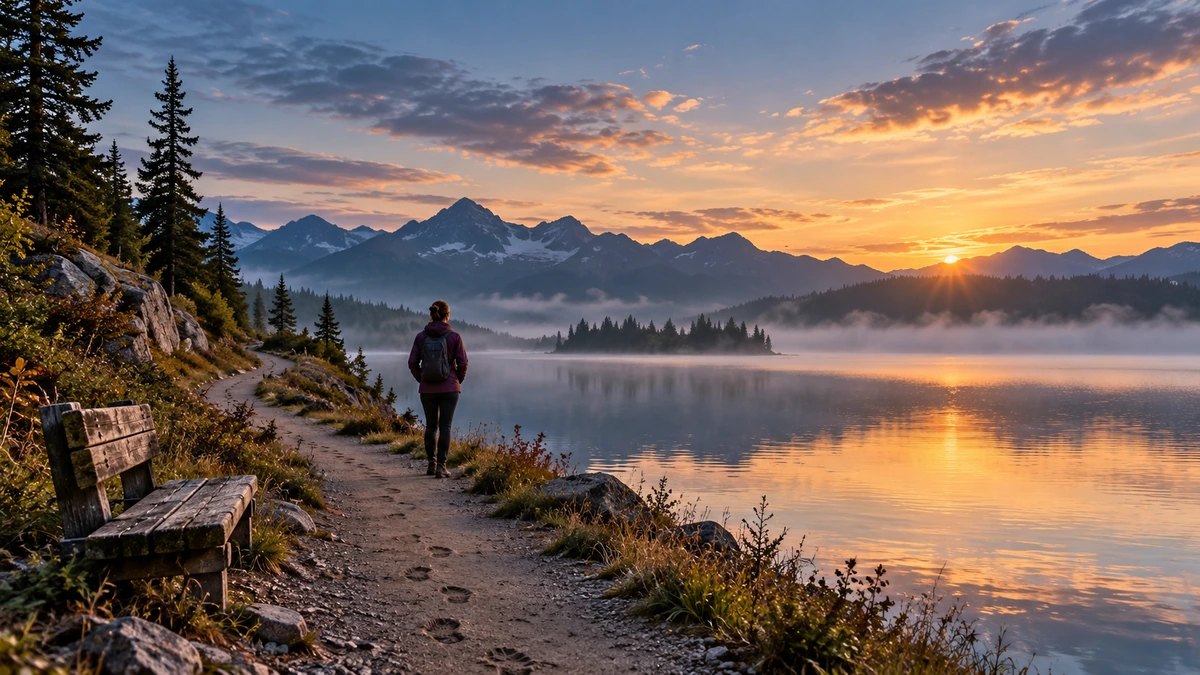 A person walks along a quiet lakeside path at dawn, reflecting the ongoing journey of discovering meaning and purpose in life.