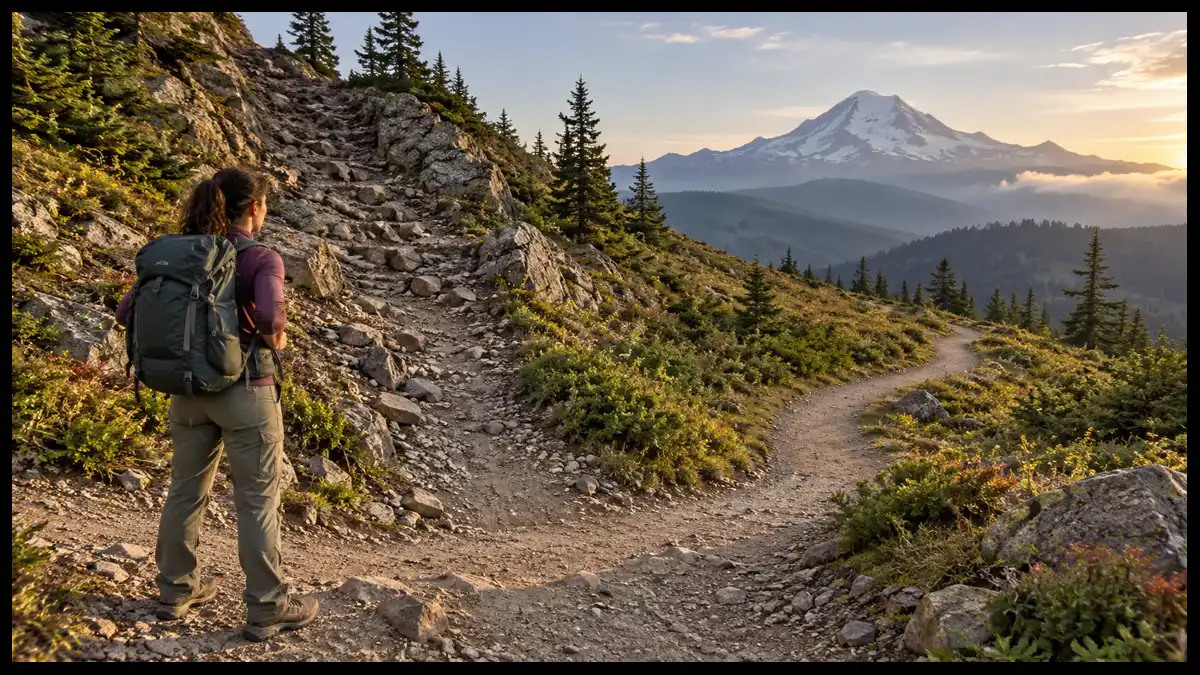 A hiker pauses at a mountain trail junction, considering a steep rocky route and a gentler path leading toward the same distant peak.