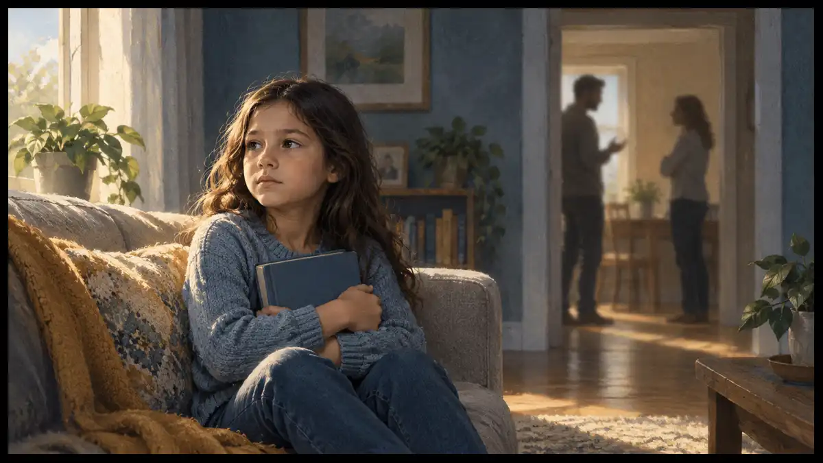 A child sits in warm window light while two adults have a tense conversation out of focus in another room.