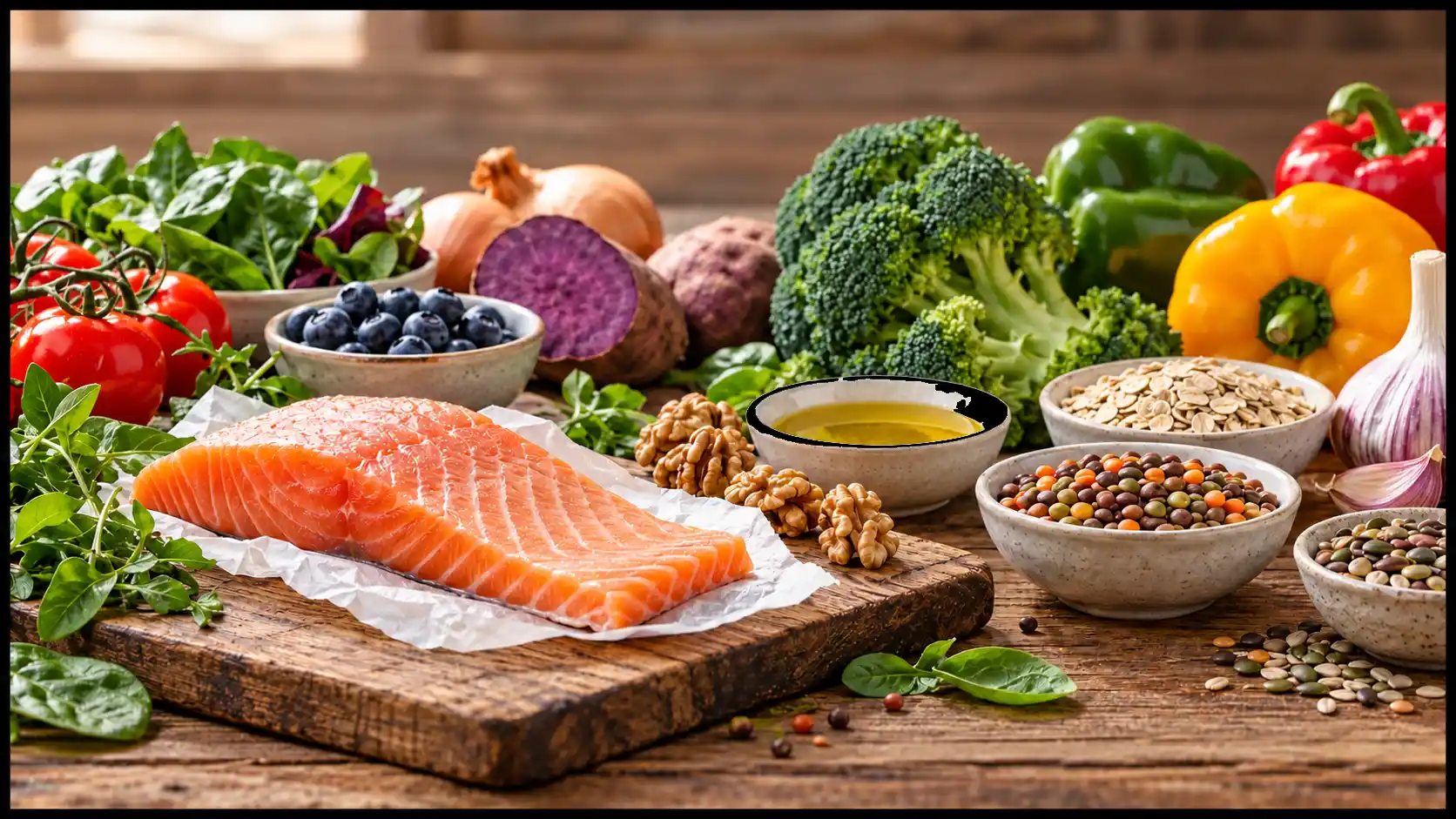 Salmon, blueberries, leafy greens, broccoli, walnuts, oats, legumes, and olive oil on a wooden table within a black frame.