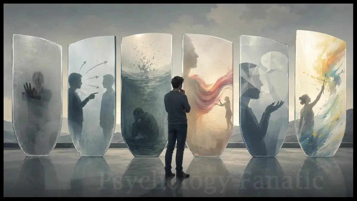 A thoughtful person stands before six translucent mirror-like shields, each symbolizing a different defense mechanism through distorted reflections, blocked imagery, redirected emotion, rationalized thought, and creative transformation.