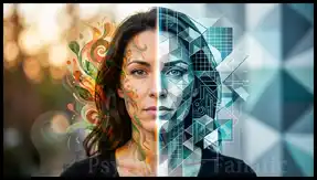 Split face of a woman with half covered in colorful organic patterns and half in blue geometric digital graphics