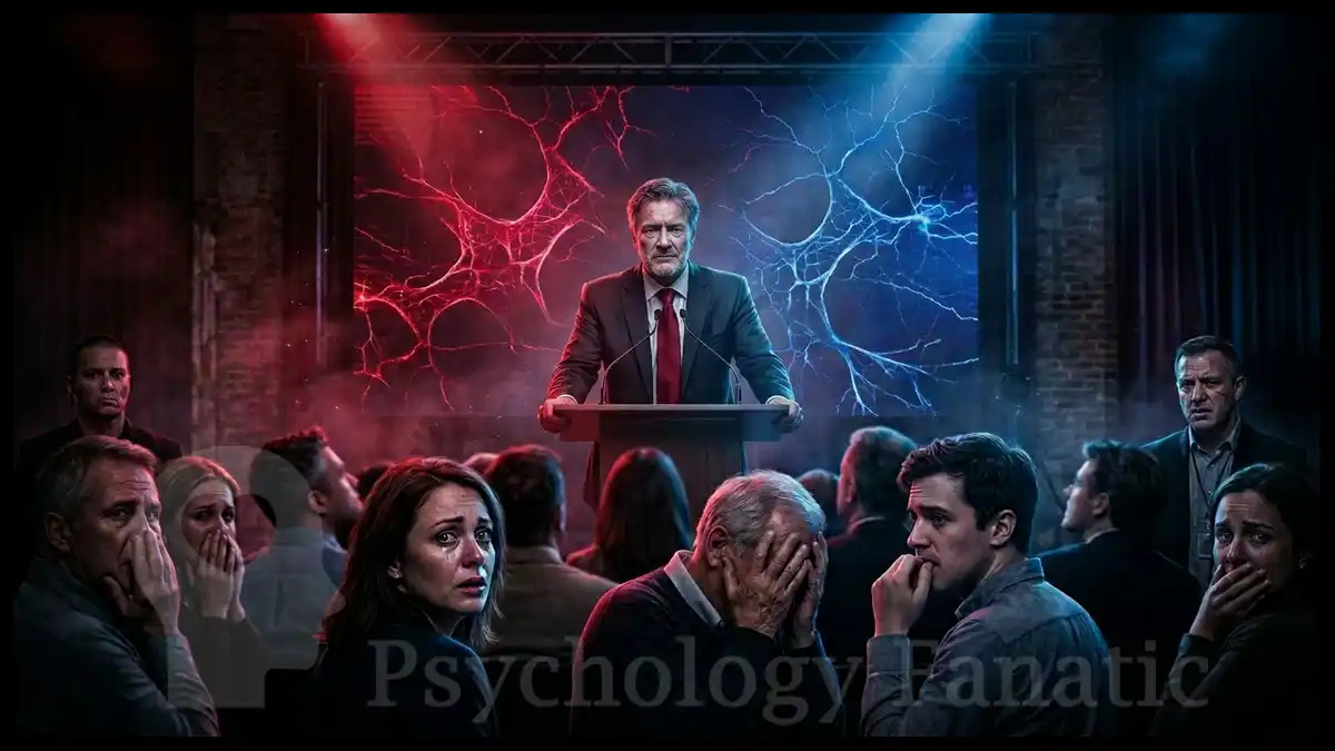 Man giving a serious speech to an anxious audience under red and blue lighting