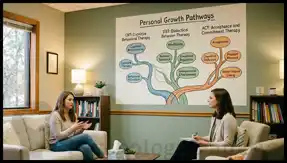 A lady in therapy session with therapist and personal growth pathways chart on wall