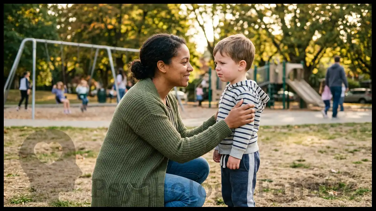 Woman kneeling and gently holding upset young boy at playground