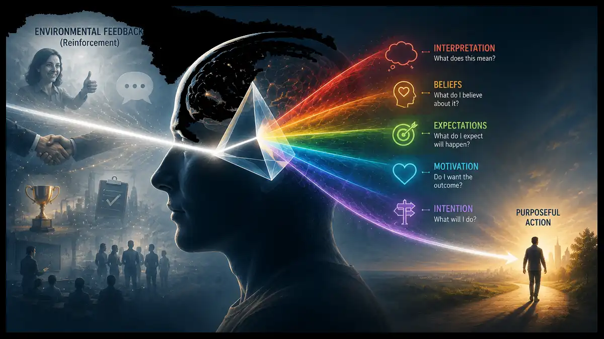 Illustration of Don Dulany's theory of propositional control showing environmental feedback passing through conscious interpretation, beliefs, expectations, motivation, and behavioral intention before guiding purposeful action.