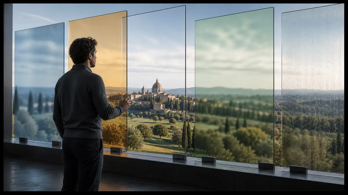 An observer adjusts overlapping glass panels that change the color and clarity of the same continuous landscape.