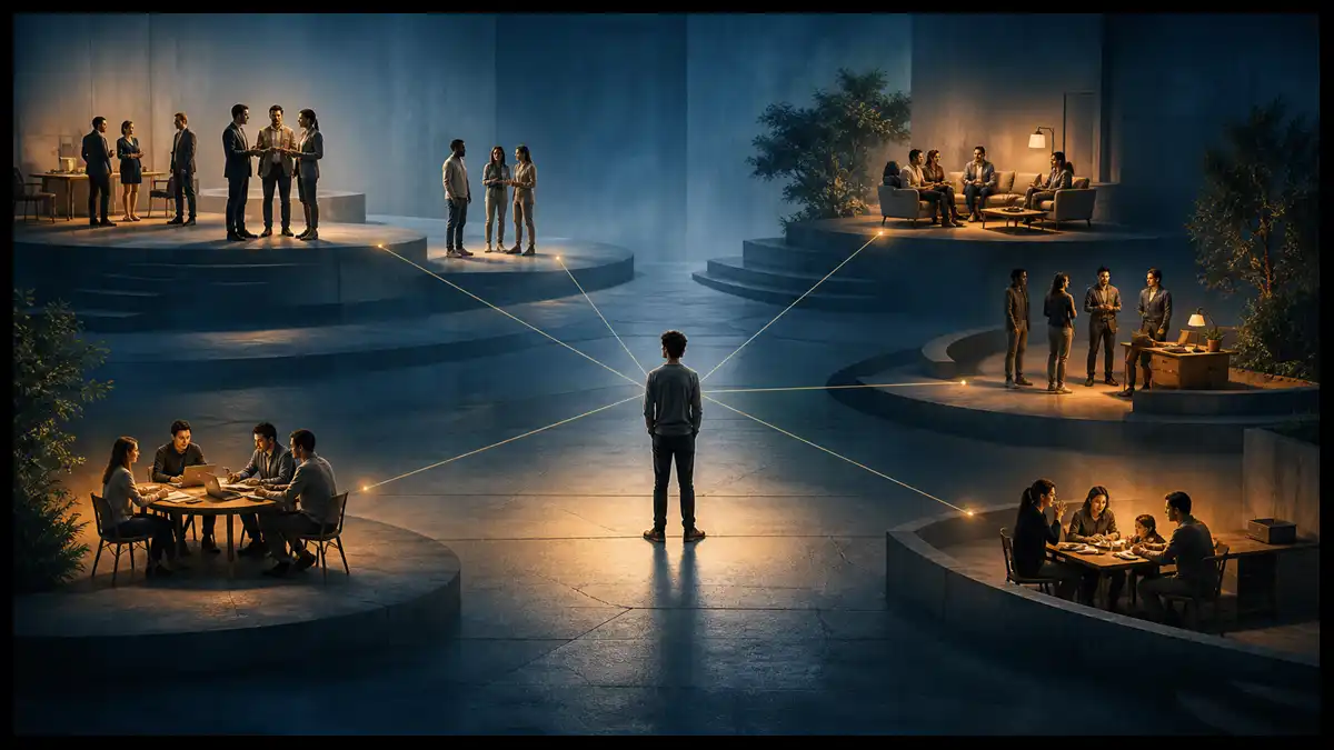 A central figure connected by subtle lines to social groups gathered on platforms at different heights.