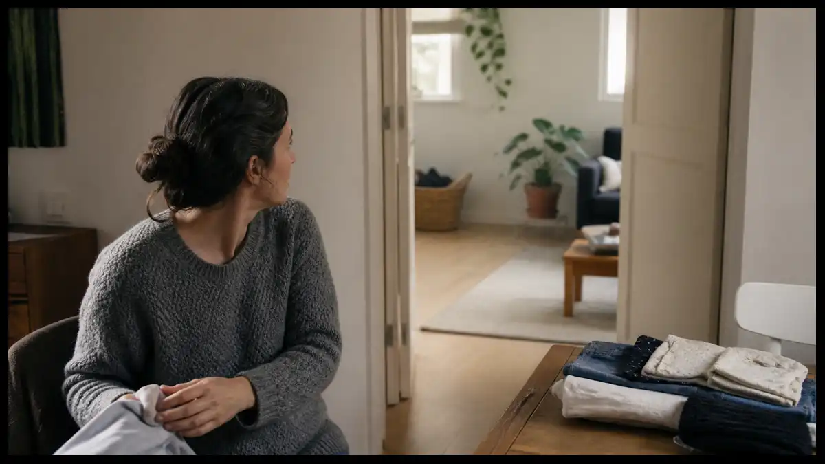Woman folding laundry turns toward an open doorway in a softly lit home.