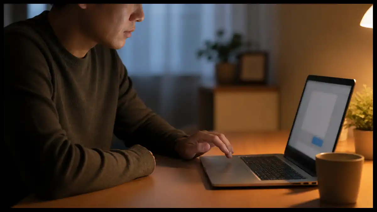 A man pauses with his hand above a laptop trackpad before taking an online action.