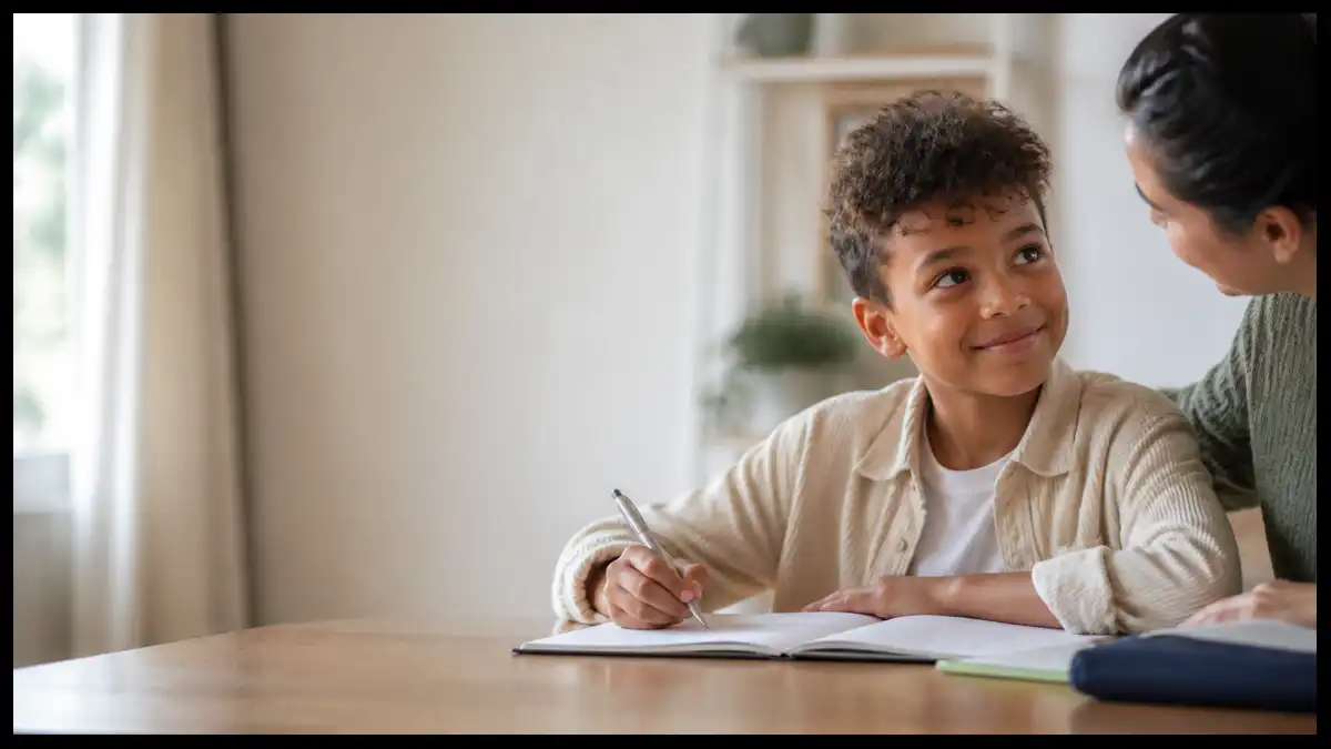 A child writing in a notebook looks up as an adult offers warm recognition for his effort.