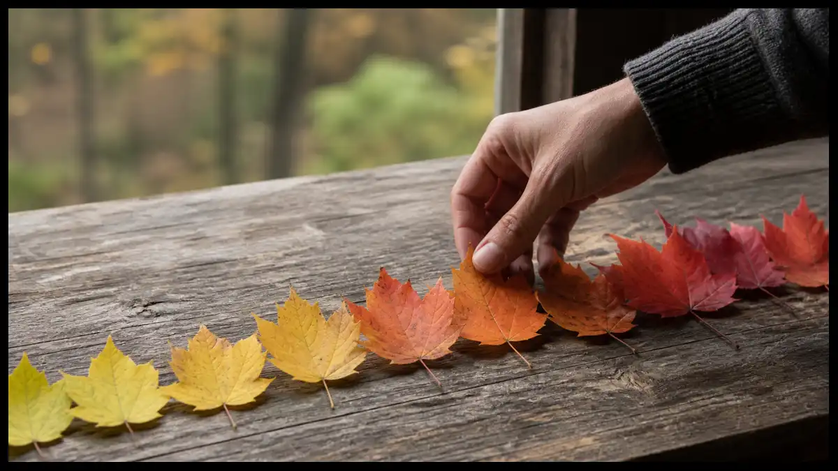 A hand selects from autumn leaves arranged in a gradual progression from yellow through orange to red.