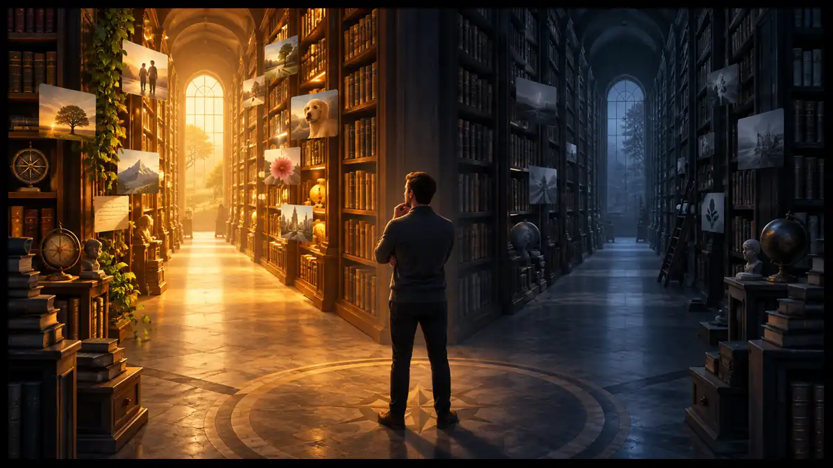 A thoughtful person stands between two library paths, one warmly illuminated and the other in shadow, symbolizing how biased scanning makes supporting information more mentally available.