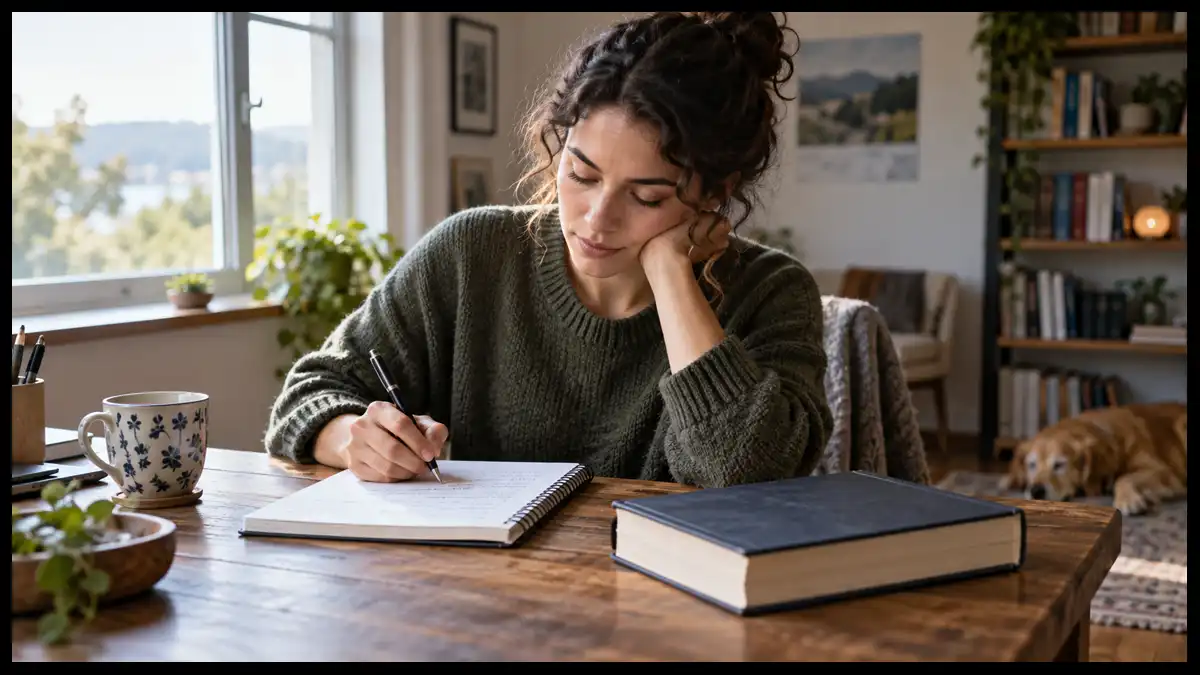 A woman writes in a notebook beside a closed textbook at a sunlit wooden desk.