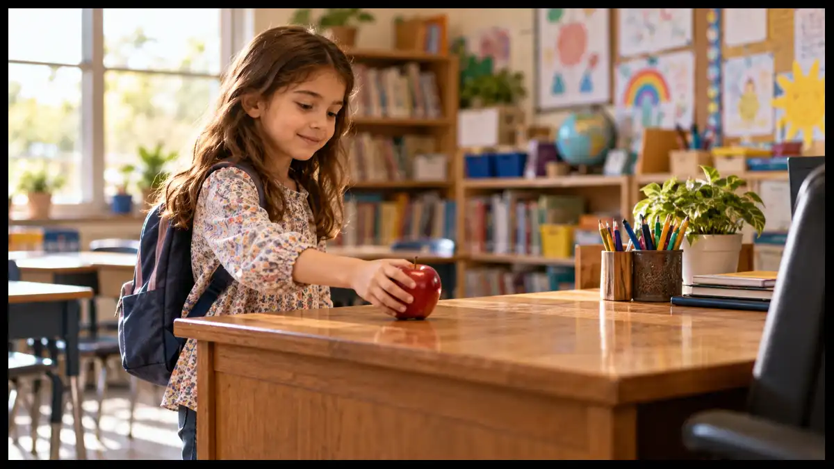 Child Placing an Apple on a Teacher’s Desk Alt Text: Elementary-school child placing a red apple on a teacher’s desk in a sunlit classroom.