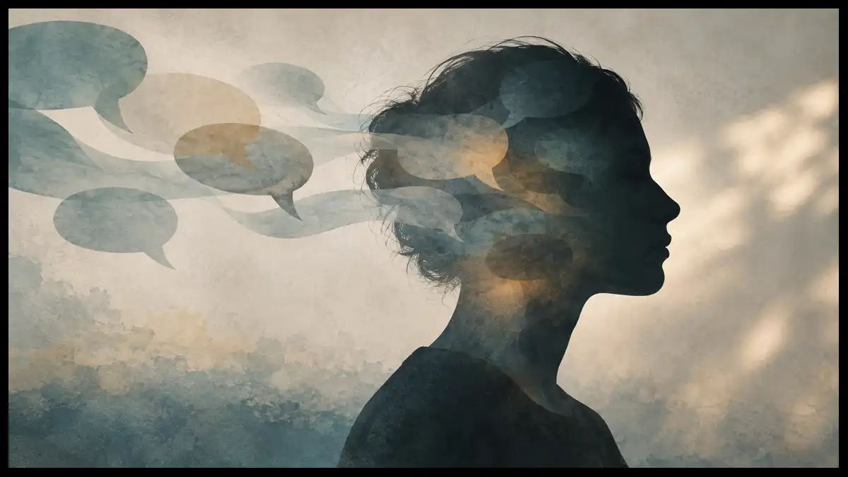 Abstract speech bubbles overlap a human silhouette, representing how subtle comments can leave a lasting emotional trace.