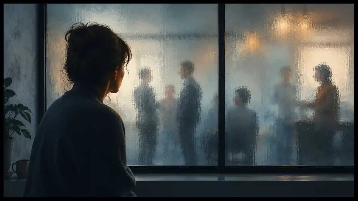 A person looks through frosted glass at indistinct people, illustrating uncertainty about others’ intentions and persistent mistrust.