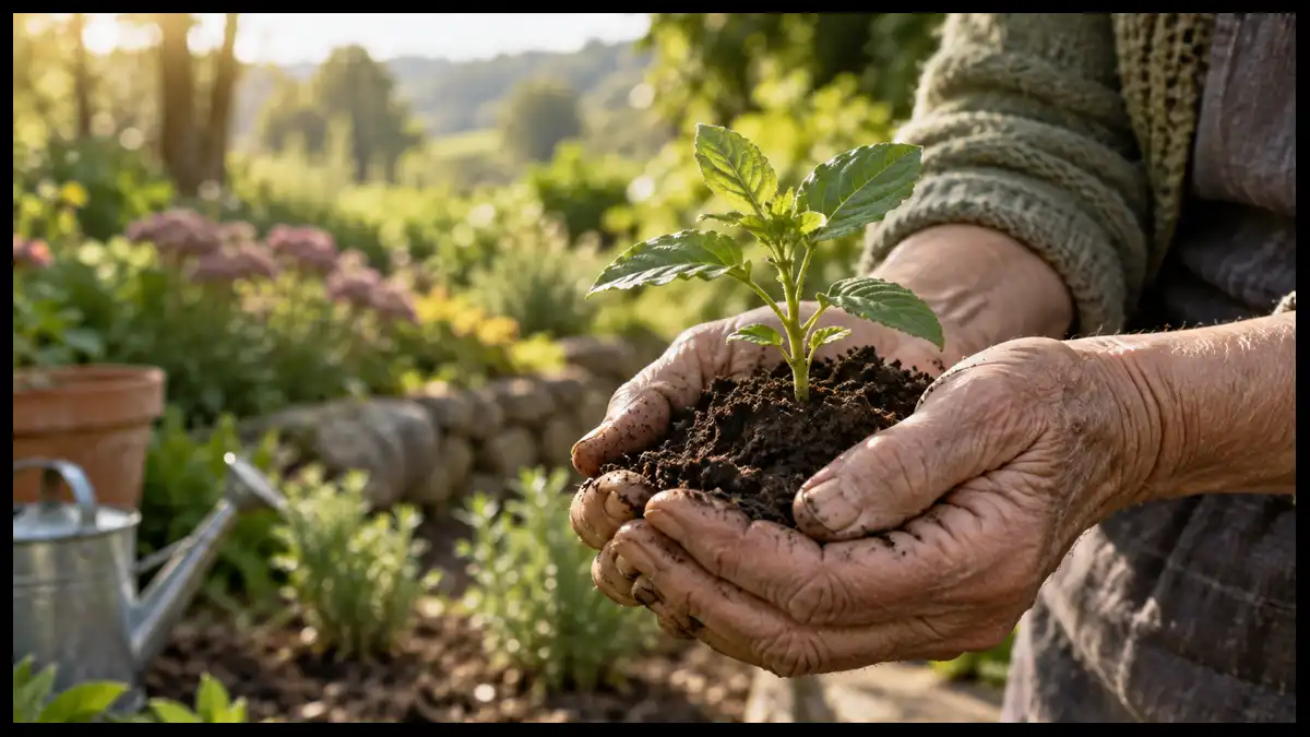 Older hands gently holding a young green plant and soil in a sunlit garden.