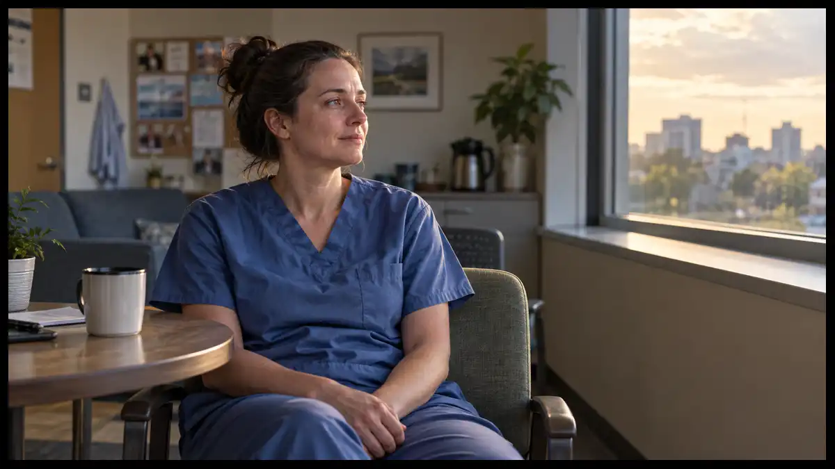 A nurse in blue scrubs sits beside a staff lounge window, looking outside with a thoughtful expression.