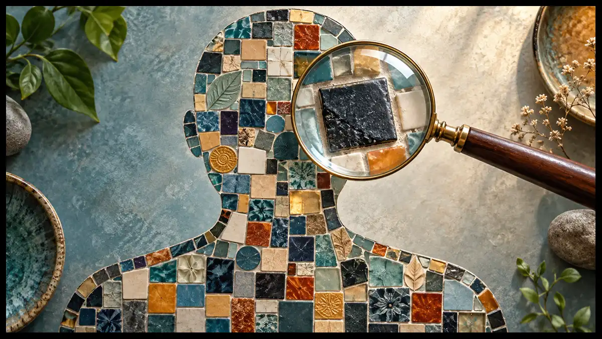 A magnifying glass enlarges one dark tile in a multicolored mosaic silhouette of a person.