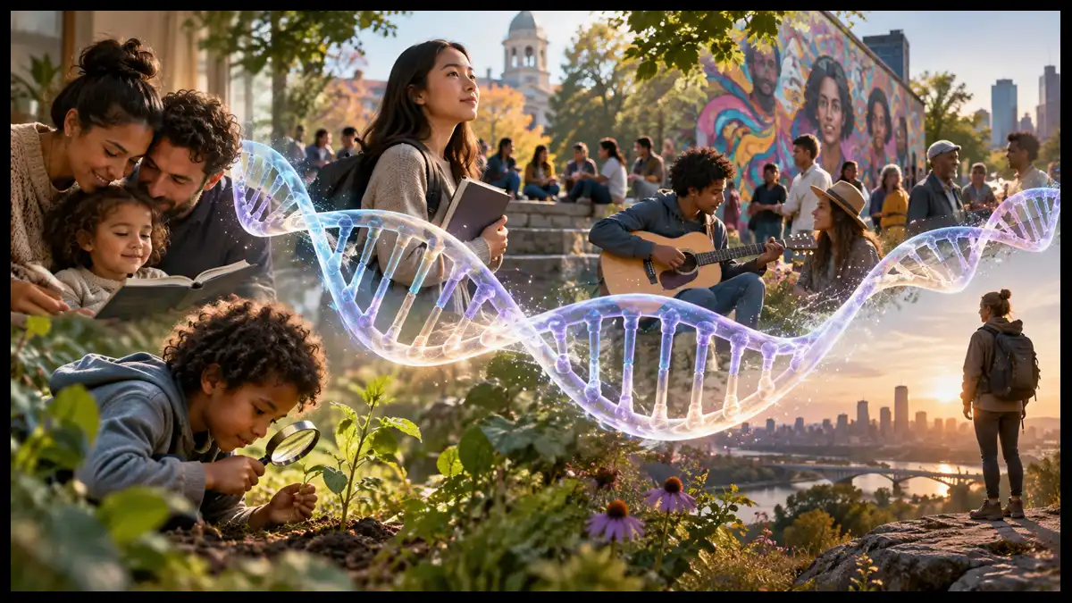 A glowing DNA strand passes through scenes of family, education, community, nature, and personal exploration.