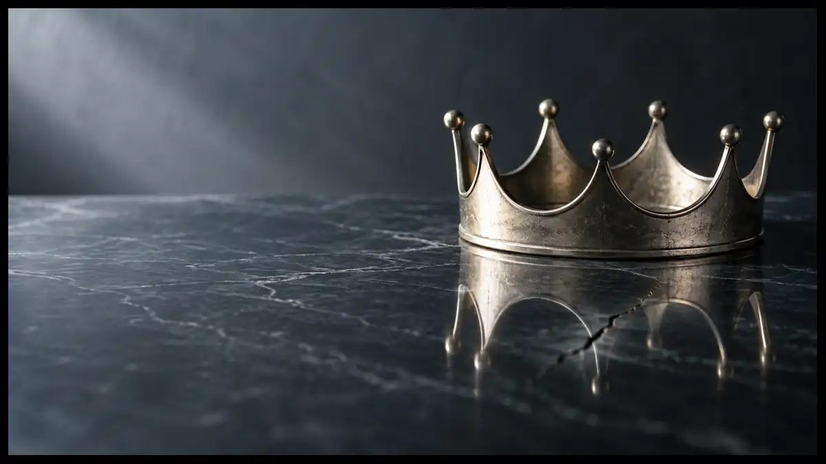 A metal crown resting on a dark reflective surface, with a fracture appearing in its reflection.