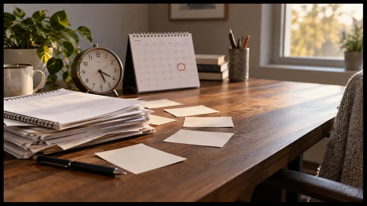 Unfinished paperwork, a clock, and a calendar surrounded by blank note cards after a missed deadline.