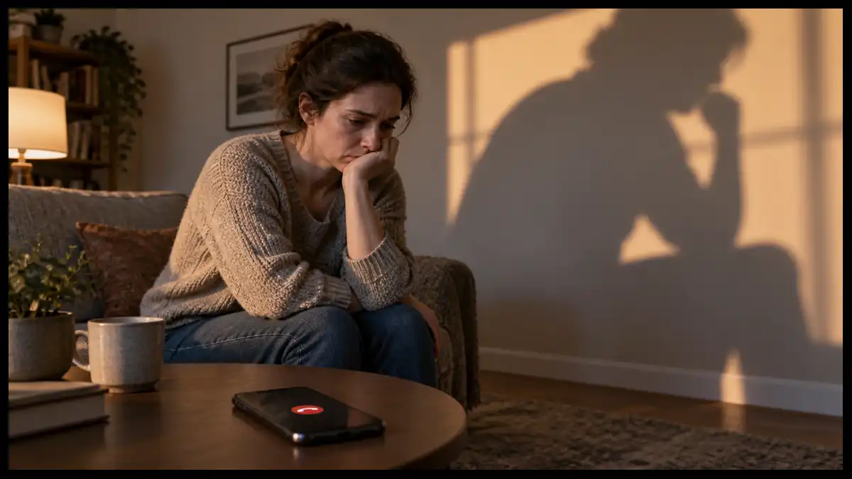 A woman sits with her chin resting on her hand beside a phone, while her enlarged shadow falls across the wall.