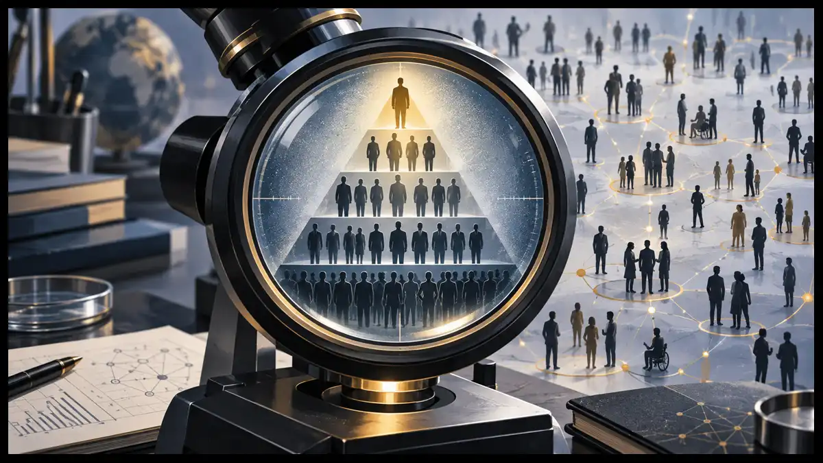 A microscope reveals a human pyramid symbolizing social hierarchy, while people outside the lens form an interconnected network.