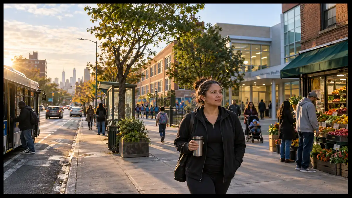 Woman walking through a neighborhood with a bus, market, school, health center, and other community members nearby.