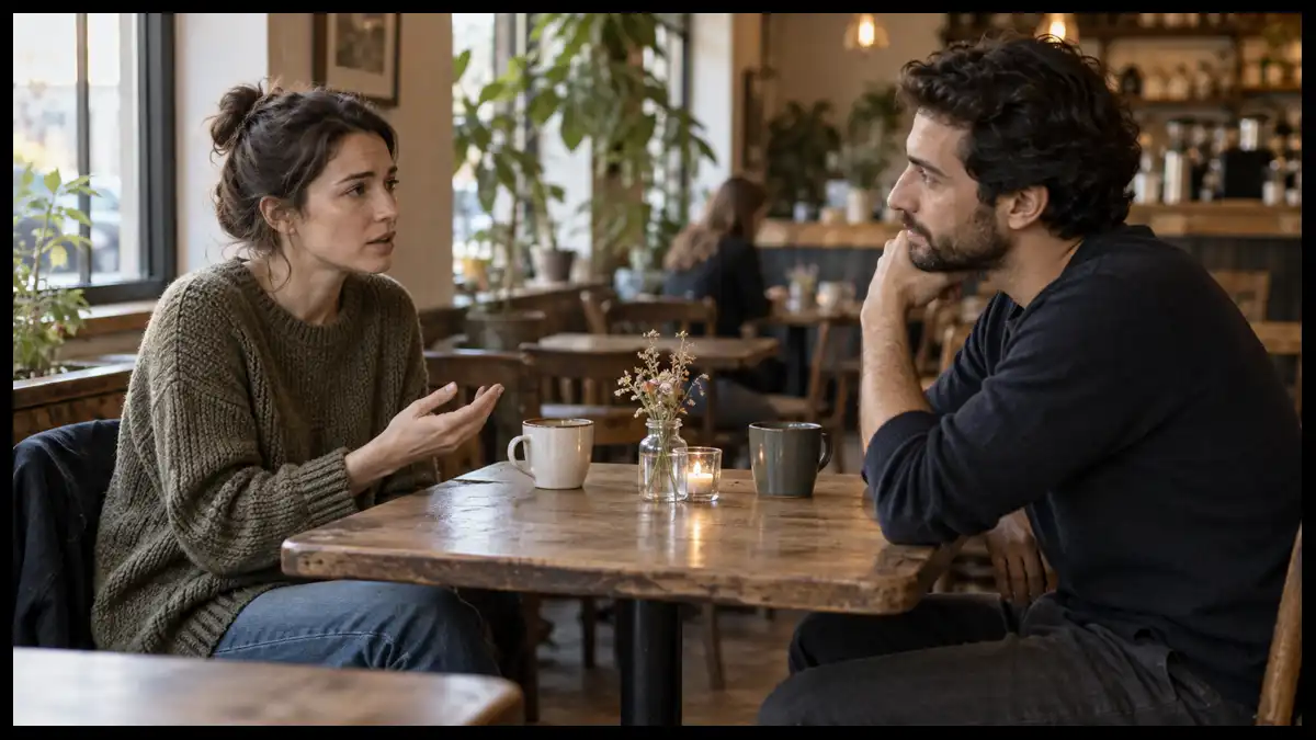 Two adults sit across a café table, one speaking with an open hand while the other listens attentively.