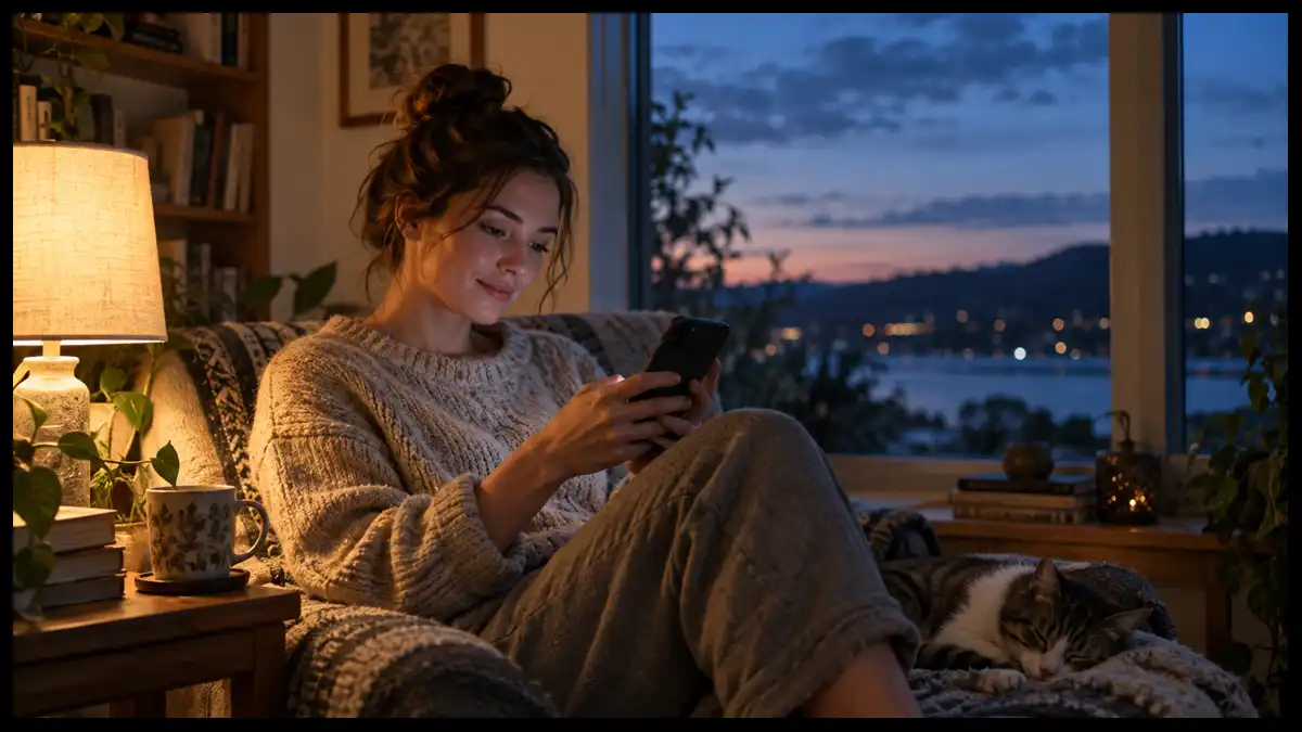 A woman reads messages on her smartphone beside a window at dusk, illuminated by warm lamplight.