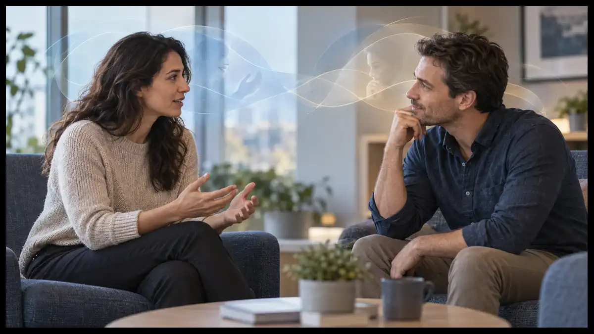 Two adults in conversation with translucent waves suggesting the influence of tone, gesture, and context.