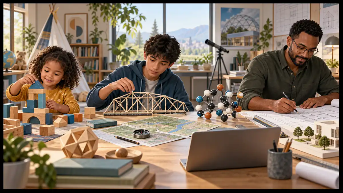 A child, teenager, and adult use building blocks, a bridge model, maps, molecular models, and architectural plans at a shared table.