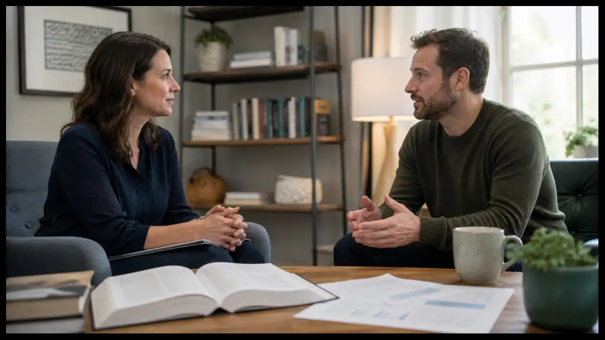 A practitioner and client discuss treatment beside an open book and research papers, illustrating the translation of psychological evidence into collaborative practice.