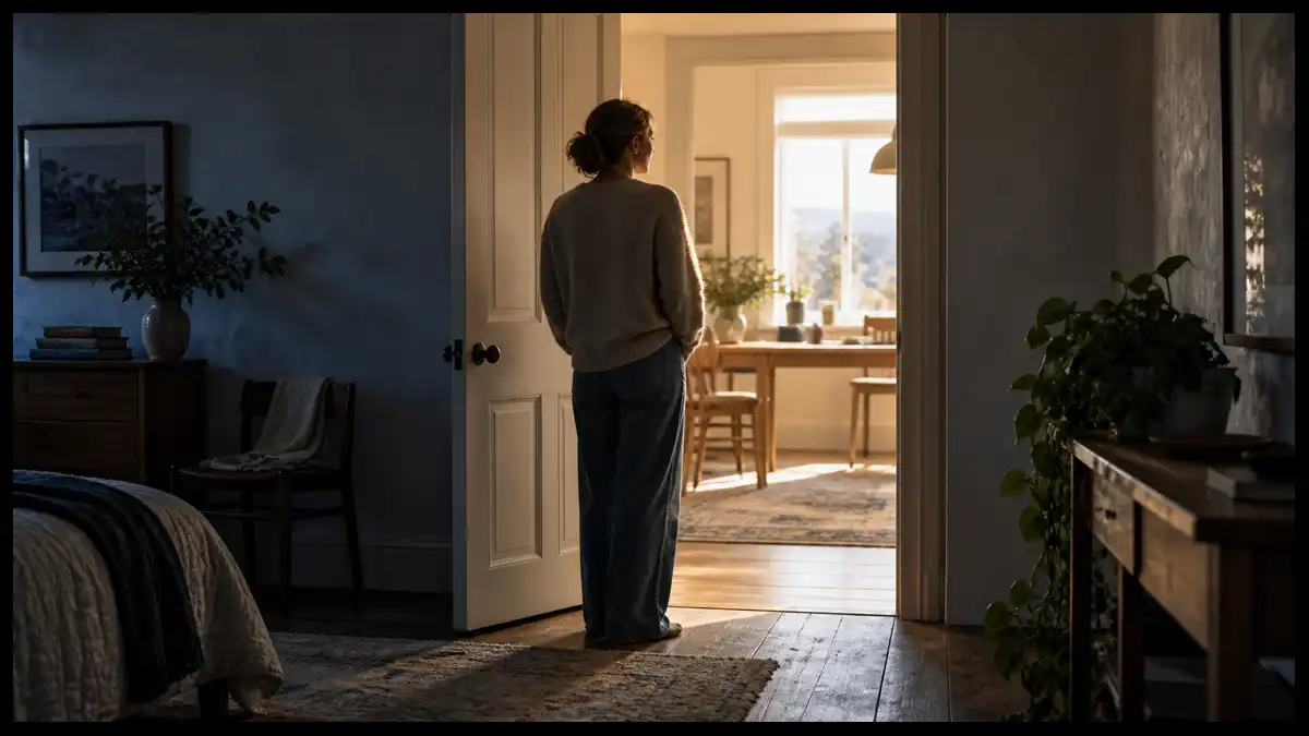 Woman pauses in an open doorway between a shadowed room and a softly illuminated living space.
