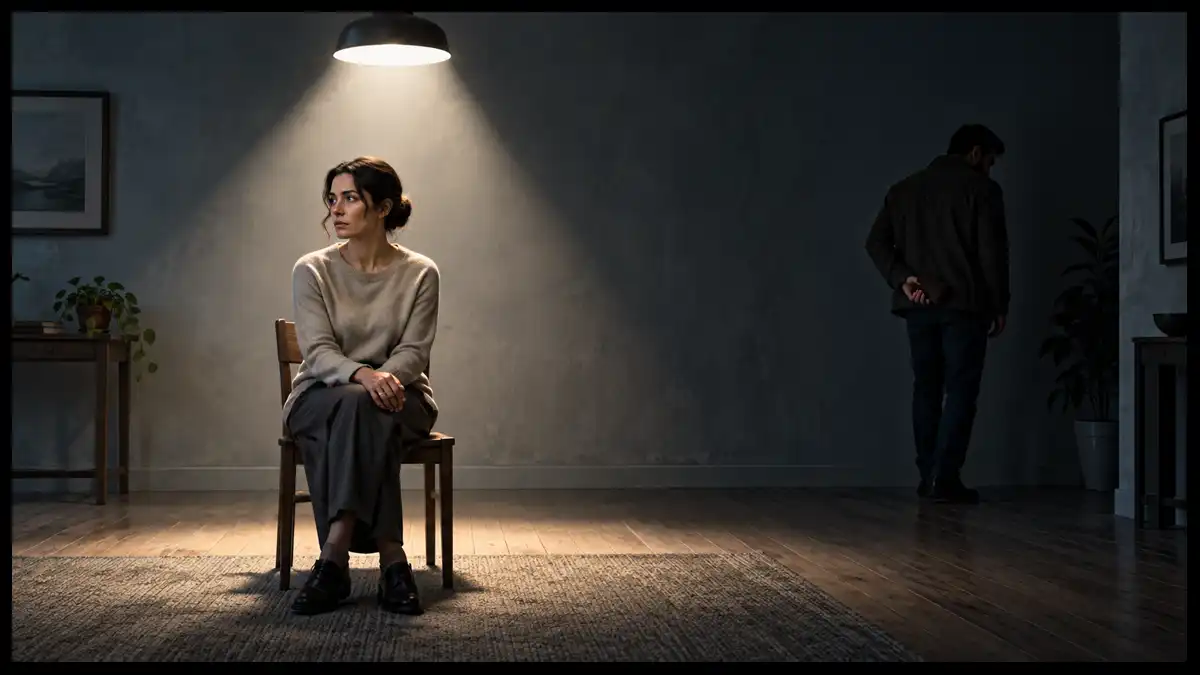 A woman sits beneath a bright spotlight while a man holding a wallet behind his back recedes into shadow.