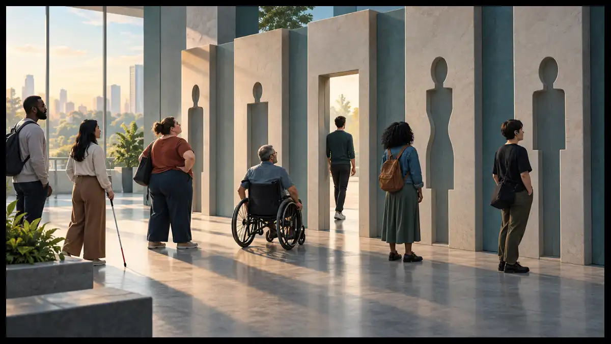 Diverse adults encounter architectural openings designed around a narrow standardized human form, illustrating how environments can create disabling barriers.