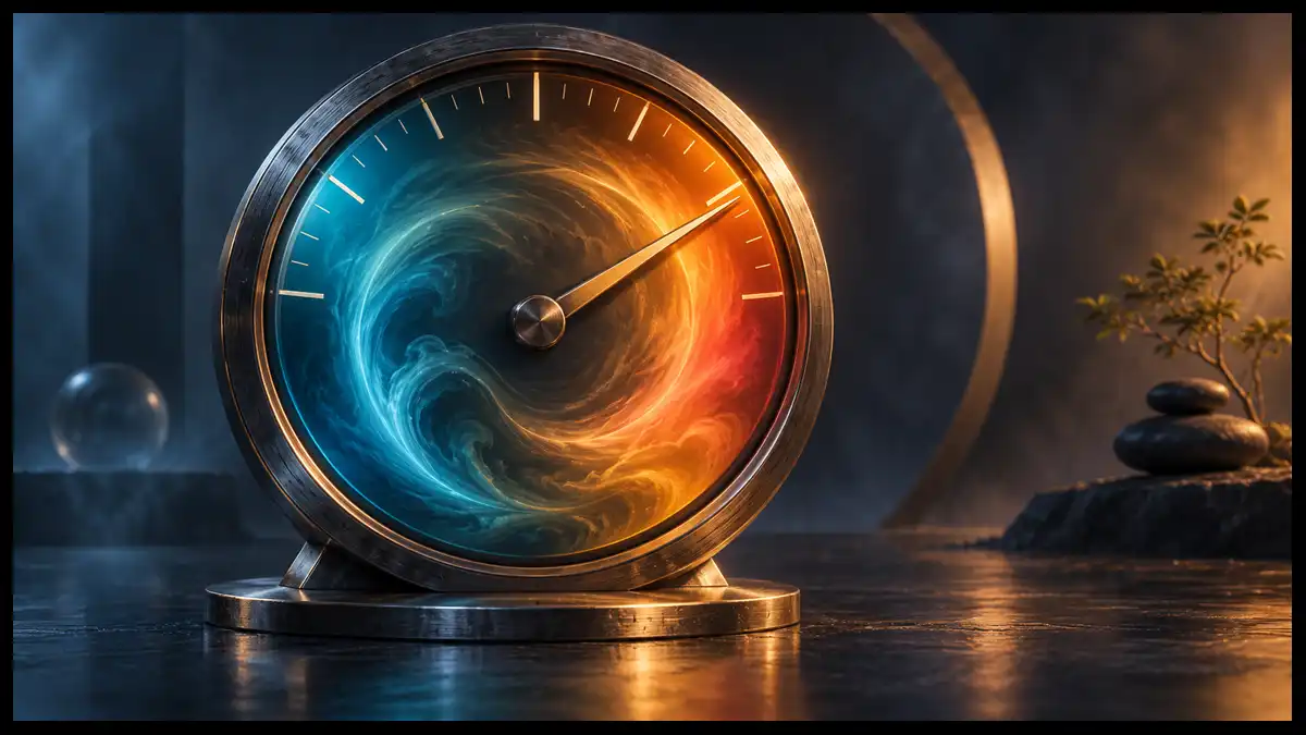 A circular gauge shifts from calm blue to urgent orange as its needle approaches a high-pressure zone.