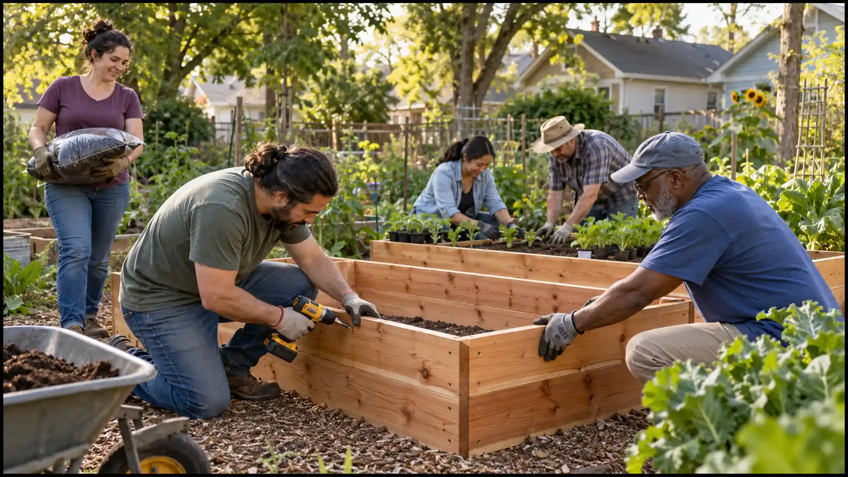 Neighbors work together to build wooden raised garden beds, carry soil, and prepare seedlings.