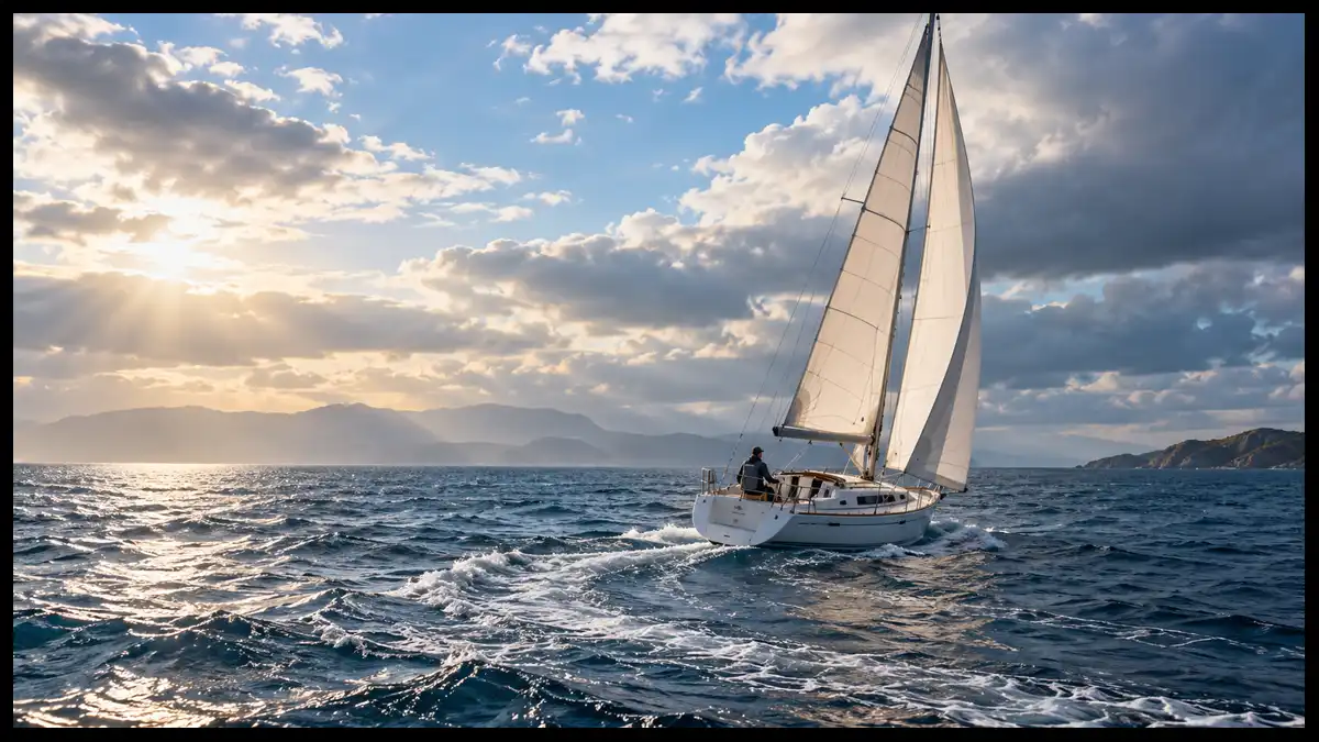 A sailboat changes course across open water as shifting clouds and sunlight move over the sea.